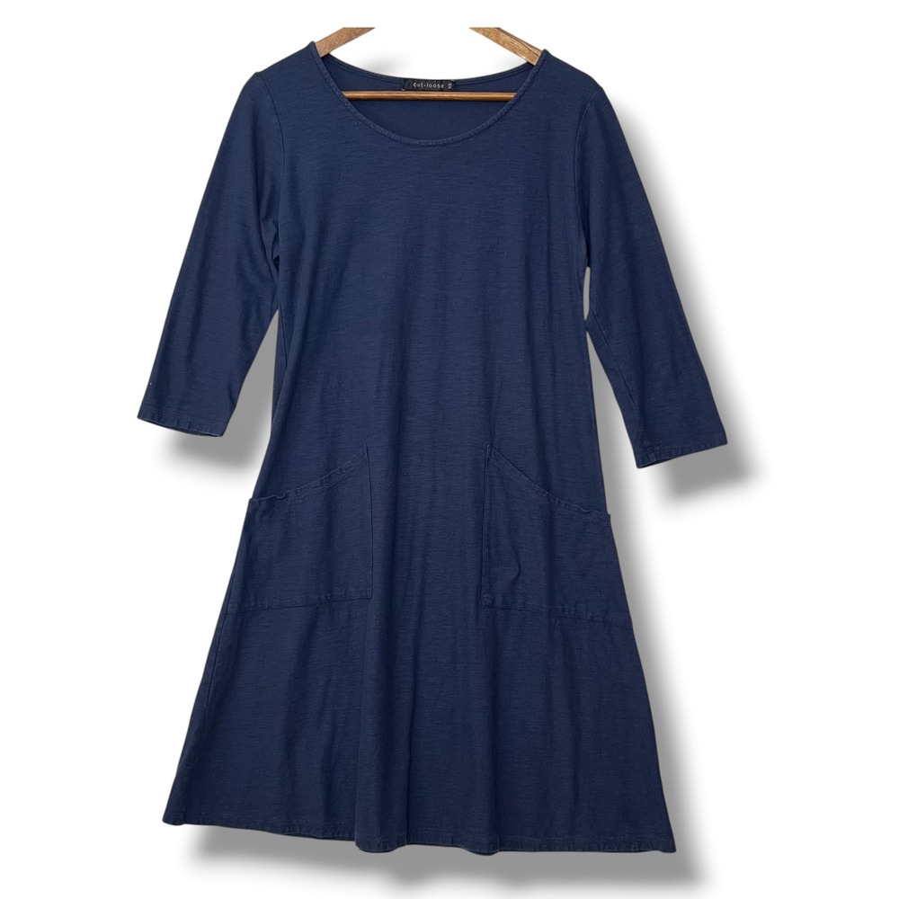 Cut Loose Dress XS Blue‎ Cotton Linen Pockets Coastal Minimalist Lagenlook Chic